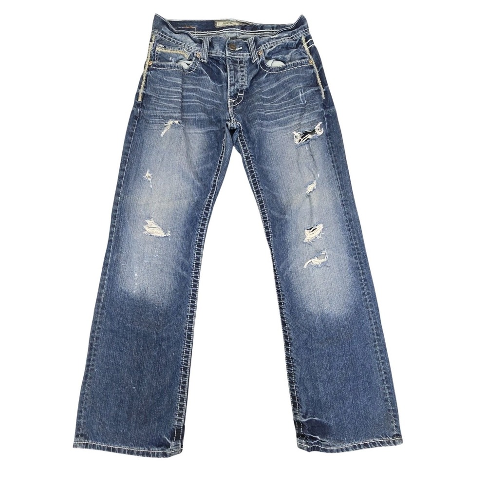BKE Justin 32x32 Relaxed Straight Mens Jeans 100% Cotton Distressed Denim Buckle